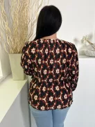 By Very (L) Fekete Drapp-Rozsda Mintás, Pliszírozott Mellnél Átlapolt, Gumis Ujjvégű Felső