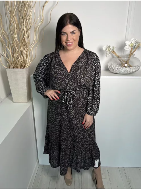 Rowen Avenue (L) Fekete Sűrű Apró Virágos, Mellnél Átlapolt Gumisderekú, Megkötős Ruha