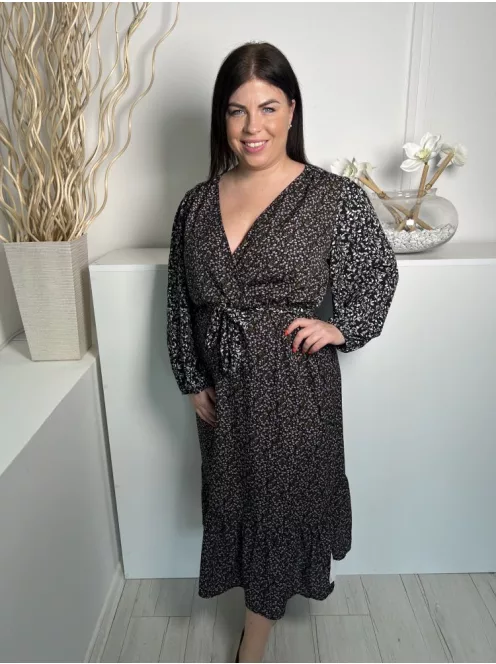 Rowen Avenue (L) Fekete Sűrű Apró Virágos, Mellnél Átlapolt Gumisderekú, Megkötős Ruha