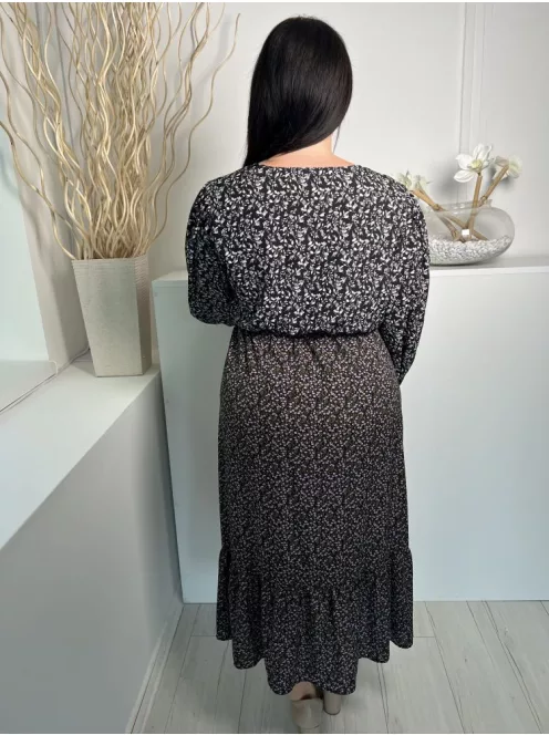 Rowen Avenue (L) Fekete Sűrű Apró Virágos, Mellnél Átlapolt Gumisderekú, Megkötős Ruha