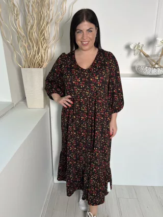   Primark (L) Fekete Apró Színes Virágos, Buggyos Ujjú Gumis Ujjvégű Ruha