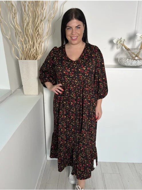 Primark (L) Fekete Apró Színes Virágos, Buggyos Ujjú Gumis Ujjvégű Ruha