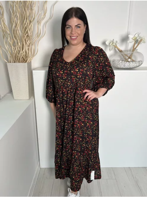 Primark (L) Fekete Apró Színes Virágos, Buggyos Ujjú Gumis Ujjvégű Ruha