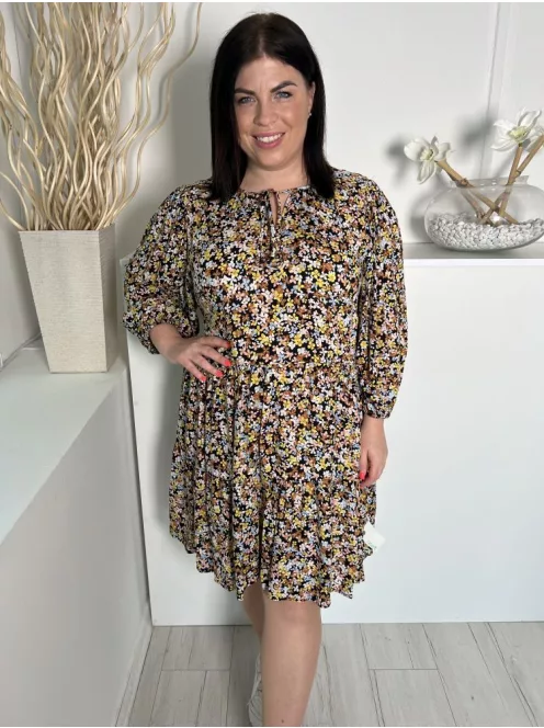 M&Co (L) Fekete Sűrű Színes Virágos, Nyakánál Megköthető Gumis Ujjvégű Ruha