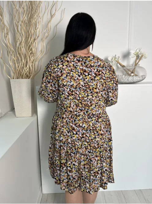 M&Co (L) Fekete Sűrű Színes Virágos, Nyakánál Megköthető Gumis Ujjvégű Ruha