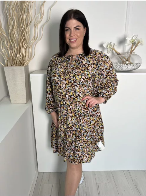 M&Co (L) Fekete Sűrű Színes Virágos, Nyakánál Megköthető Gumis Ujjvégű Ruha