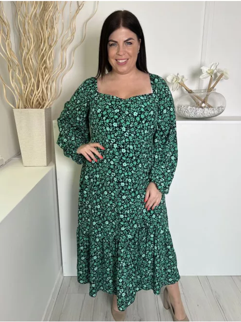 New Look (L) Fekete Zöld Apró Virágos, Kocka Kivágású Hátul Nyitott, Megkötős Ruha