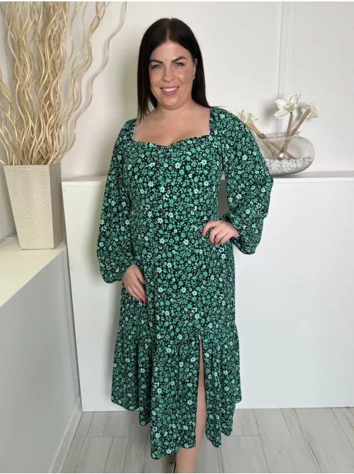 New Look (L) Fekete Zöld Apró Virágos, Kocka Kivágású Hátul Nyitott, Megkötős Ruha