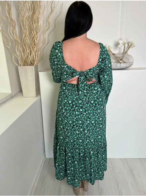 New Look (L) Fekete Zöld Apró Virágos, Kocka Kivágású Hátul Nyitott, Megkötős Ruha