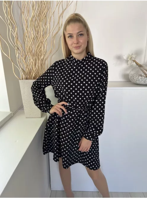 ÚJ Boohoo (M) Fekete Fehér Pöttyös, Hátul Nyakban Gombos Derékban Gumis Ruha