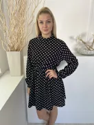 ÚJ Boohoo (M) Fekete Fehér Pöttyös, Hátul Nyakban Gombos Derékban Gumis Ruha