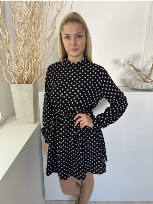 ÚJ Boohoo (M) Fekete Fehér Pöttyös, Hátul Nyakban Gombos Derékban Gumis Ruha
