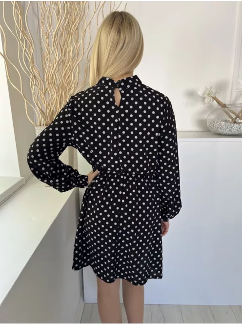 ÚJ Boohoo (M) Fekete Fehér Pöttyös, Hátul Nyakban Gombos Derékban Gumis Ruha