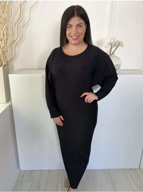 ÚJ F&F (L) Fekete Bordázott Anyagú Rugalmas, Kereknyakú Ruha