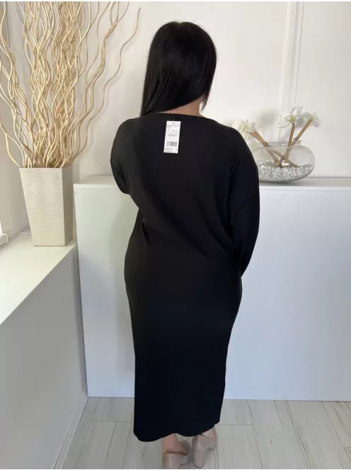 ÚJ F&F (L) Fekete Bordázott Anyagú Rugalmas, Kereknyakú Ruha