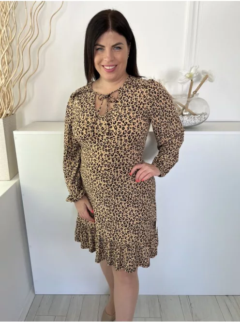 F&F (M) Barna Fekete Foltmintás Elöl Nyakban Megkötős, Fodros Ruha