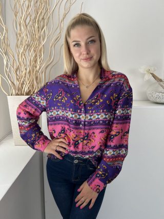   Dunnes (S) Rózsaszín, Lila Galléros Elöl Végig Gombos, Apró Mintás Felső