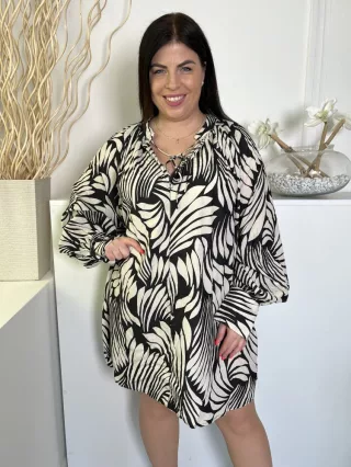 H&M (L) Fekete Fehér Mintás Elöl Nyakban Megkötős Ruha