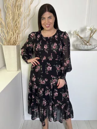   Stella Morgan (L) Fekete Virágmintás, Bélelt Felső Része Darázsolt Ruha