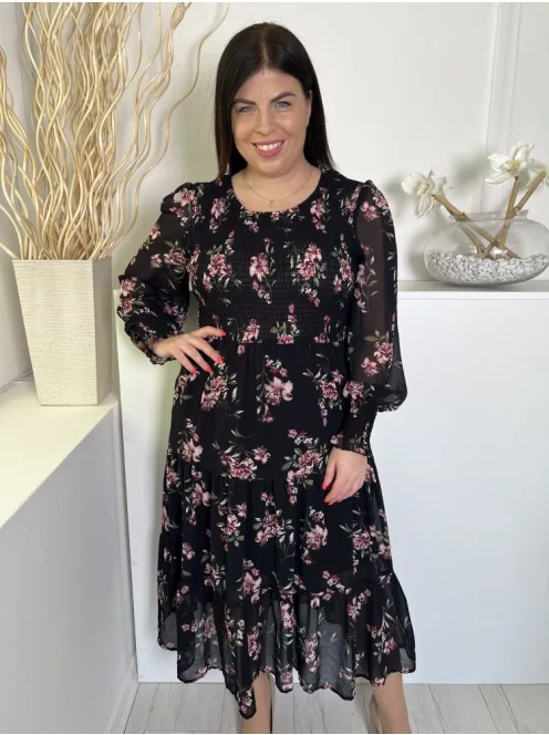 Stella Morgan (L) Fekete Virágmintás, Bélelt Felső Része Darázsolt Ruha