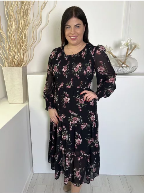 Stella Morgan (L) Fekete Virágmintás, Bélelt Felső Része Darázsolt Ruha