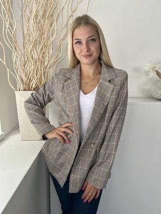   Shein (M) Fekete-Barna-Fehér-Narancs Apró Kockás, Elől Gombos Zsebes, Galléros Blézer