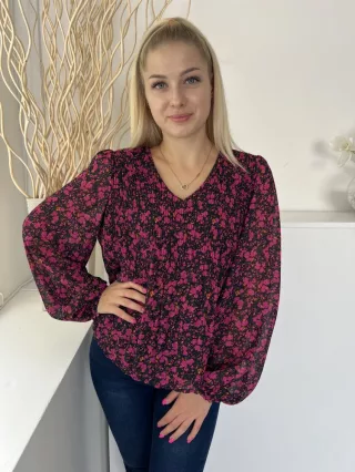   Vila (S) Fekete Rózsaszín Apró Virágos Buggyos Ujjú, Felül Pliszírozott Felső