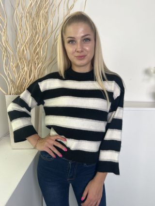 H&M (XS) Fekete-Fehér Csíkos, Kerek Nyakú Kötött Felső