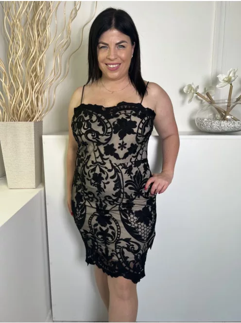 ÚJ Quiz (L) Fekete-Barna Elől Csipkés, Bélelt Pántos, Hátul Cipzáros Ruha