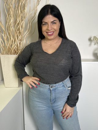   Donna Karan (XL) Szürke V Kivágású, Enyhén Átlatszó 100% Gyapjú Alapanyagú Felső