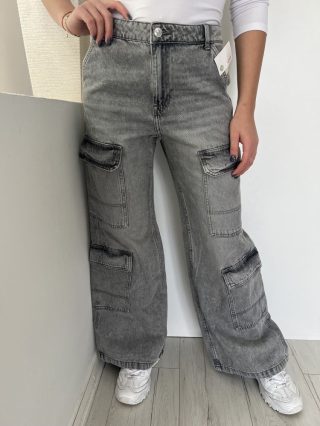   H&M (S) Szürke Elől Gombos, Oldalt Zsebes Bőszárú, Farmer Nadrág