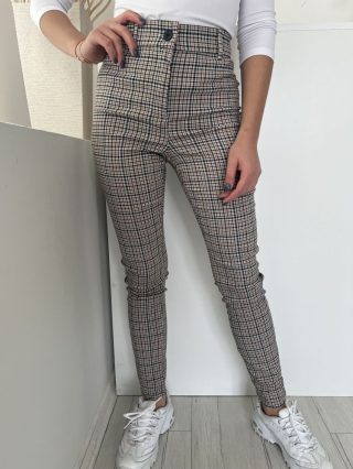   Primark (M) Drapp Barna-Fekete Kockás, Elől Gombos Szűkített Szárú Nadrág