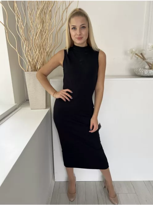 Primark (M) Fekete Magasított Nyakú, Anyagában Bordázott Karcsúsíott, Hátul Sliccelt Ruha