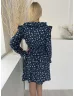   Savida (M) Sötétkék Fehér Apró Virágos, Fodros Szegélyű Buggyos Ujjú, V Kivágású Ruha
