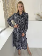 French Conection (M) Szürkéskék-Fekete Kígyóbőrmintás, Elől Végig Gombos Derékban Összehúzható, Oldalt Sliccelt Ruha