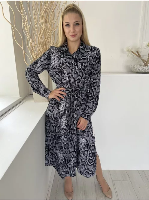 French Conection (M) Szürkéskék-Fekete Kígyóbőrmintás, Elől Végig Gombos Derékban Összehúzható, Oldalt Sliccelt Ruha