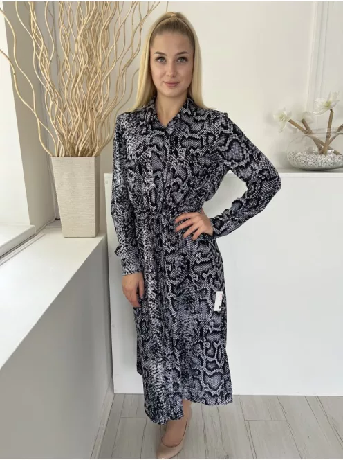 French Conection (M) Szürkéskék-Fekete Kígyóbőrmintás, Elől Végig Gombos Derékban Összehúzható, Oldalt Sliccelt Ruha