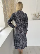 French Conection (M) Szürkéskék-Fekete Kígyóbőrmintás, Elől Végig Gombos Derékban Összehúzható, Oldalt Sliccelt Ruha