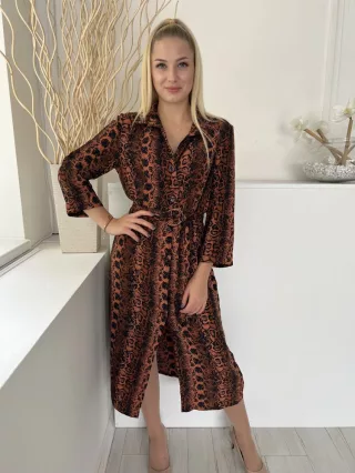   Primark (M) Barna Fekete Kígyóbőrmintás, Elől Végig Gombos Derékban Öves, Galléros Ruha