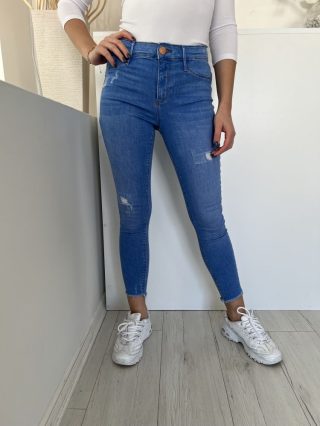   River Island (S) Kék Elől Gombos, Zsebes Szaggatott, Rojtos Aljú, Farmer Nadrág