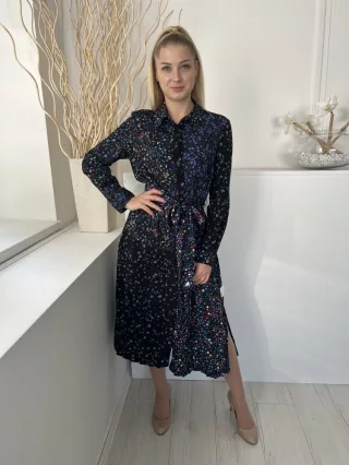   French Connection (M) Fekete Színes Apró Virágos, Elől Végig Gombos Derékban Megkötős, Galléros Ruha