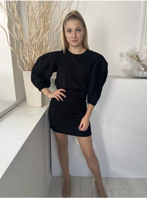  (M) Fekete Hátul Nyakban Megkötős Szoknyarésze Darázsolt Ruha