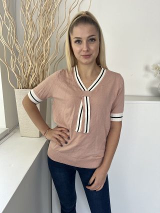   Shein (S) Sötét Púder Fehér-Fekete Csíkos V Kivágású, Gépikötött Felső