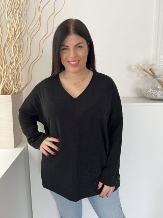   Love (M) Fekete Anyagában Csillogós, V Kivágású Bőfazonú Felső