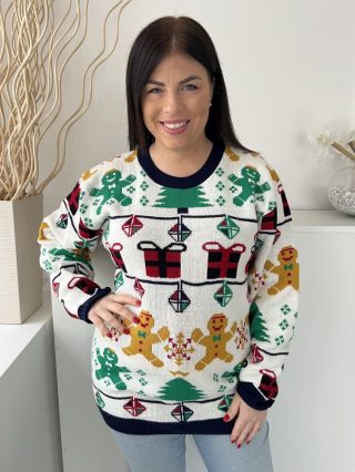   Noroze (L) Fehér Színes Mintás, Kerek Nyakú Hosszított Fazonú, Kötött Pulóver