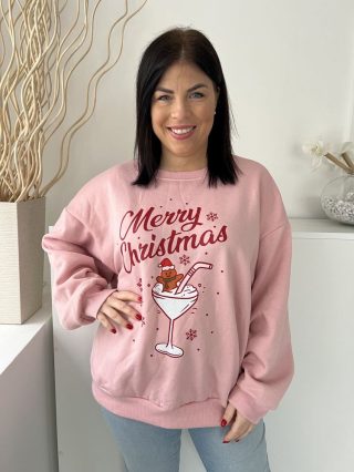   Shein (L) Rózsaszín Elől Feliratos és Mintás Kerek Nyakú, Bőfazonú Pulóver