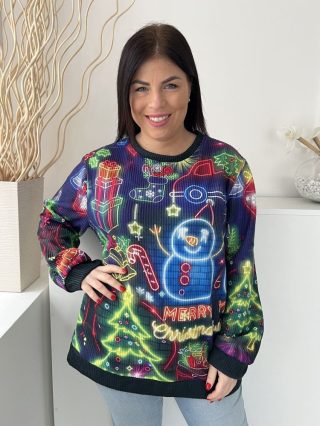    (XL) Fekete-Lila Neon Mintás és Feliratos Kerek Nyakú Pulóver