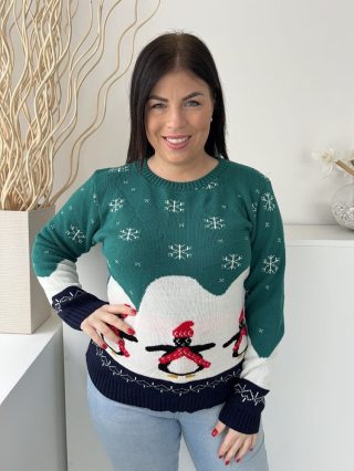   Boohoo (M) Zöldeskék-Fehér Hópehely és Pingvin Mintás Kerek Nyakú, Kötött Pulóver