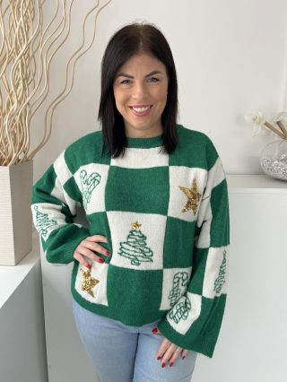   Primark (L) Zöld-Fehér Kockás, Flitteres Csillagos Kerek Nyakú, Bőujjú Pulóver