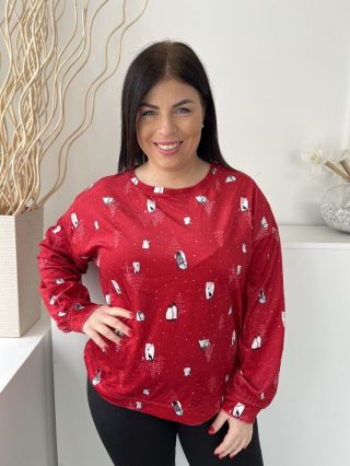   Dunnes (L) Piros Pingvin Mintás, Kellemes Plüss Alapanyagú Kerek Nyakú, Pizsama Felső